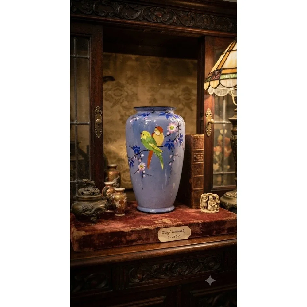 Antique Japanese Meiji Cloisonne Enamel Vase Blue Parakeet Cherry Blossom 7.5in